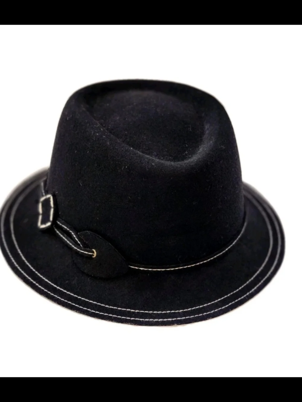 Vtg Betmar New York Black Wool Fedora Hat Contrast Stitching Narrow Brim S